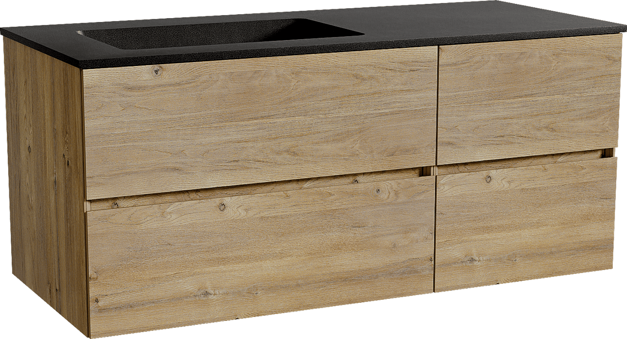 Storke Edge zwevend badmeubel 120 x 52 cm ruw eiken met Scuro asymmetrisch linkse wastafel in kwarts mat zwart