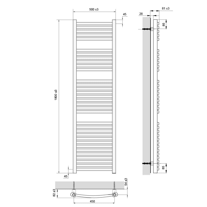 Vipera Kanza Rx enkele handdoekradiator 50 x 180 cm centrale verwarming antraciet grijs zijaansluiting 781W