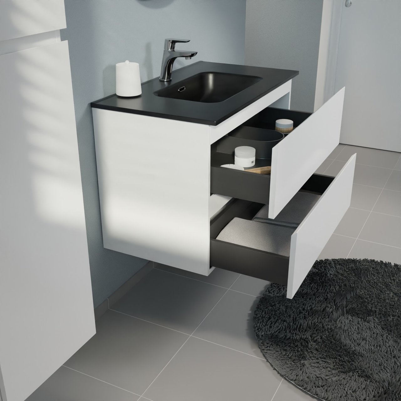 Linie Lado zwevend badmeubel 80 x 46 cm mat wit met Baro enkele wastafel in porselein mat zwart