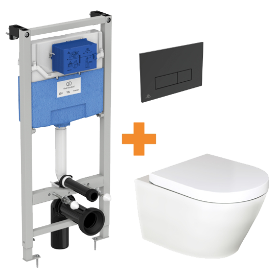 Luca Varess Calibro WC suspendu blanc mat sans bride avec bâti-support et Ideal Standard Oleas M2 noir mat plaque de commande gratuit