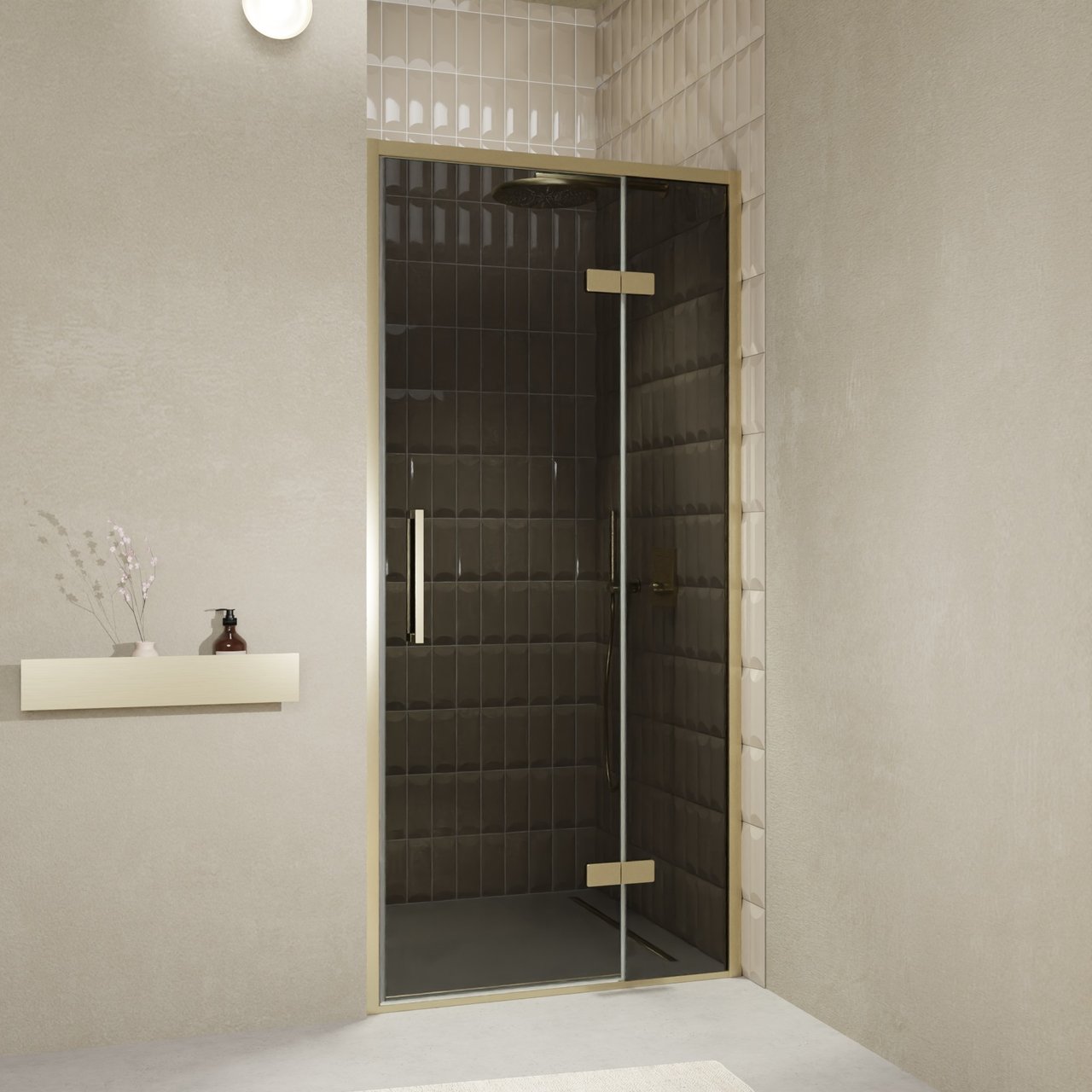 Balmani Senses Design Dusche Drehtür, Rechts, 100 cm x 210 cm, Rauchglas, Profil Brushed Champagner Gold