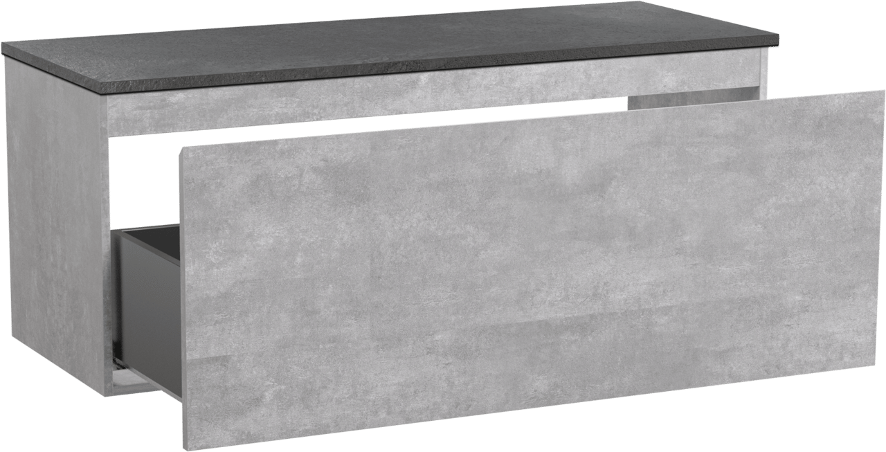 Linie Lado zwevend badmeubel 120 x 46 cm beton donkergrijs met Lado enkel of dubbel wastafelblad in melamine grijze leisteen