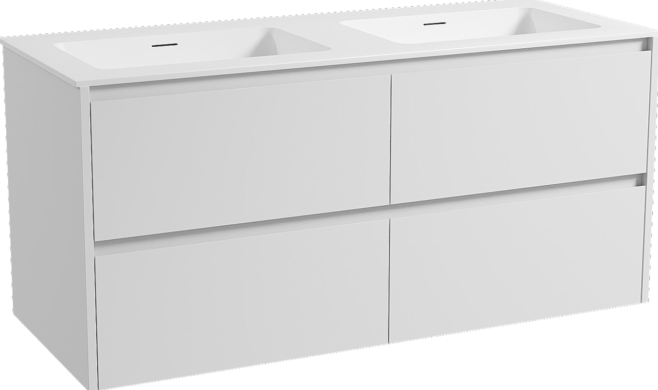 Storke Seda zwevend badmeubel 130 x 52 cm mat wit met Mata dubbele wastafel in solid surface mat wit