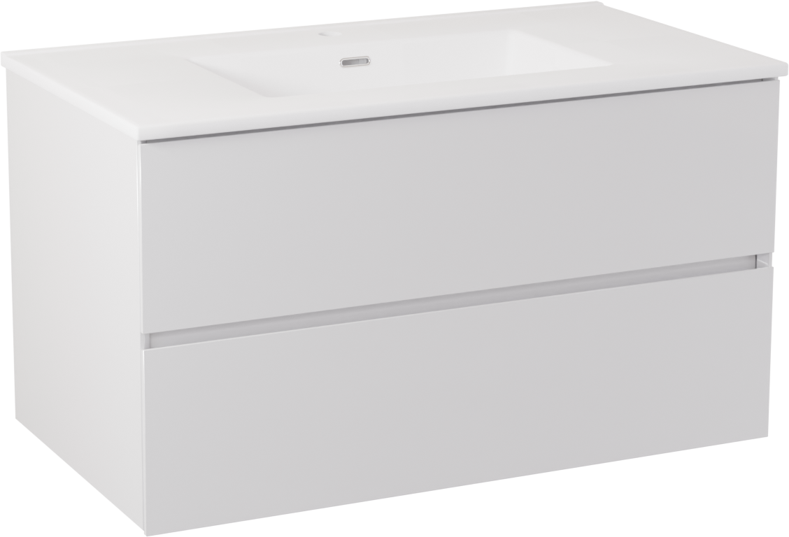 Storke Edge hängendes Möbelstück Set: 95 x 52 cm, Weiß glänzend, mit Kera Einzelwaschtisch, Keramik Weiß matt, inklusive Ablaufventil