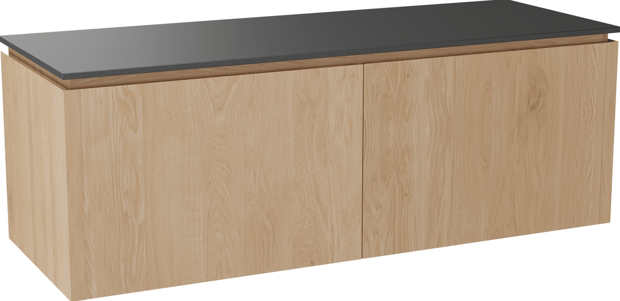 Balmani Eclips meuble salle de bains suspendu 150 x 55 cm Chêne naturelle avec Stretto tablette simple ou double vasque en Granit noir