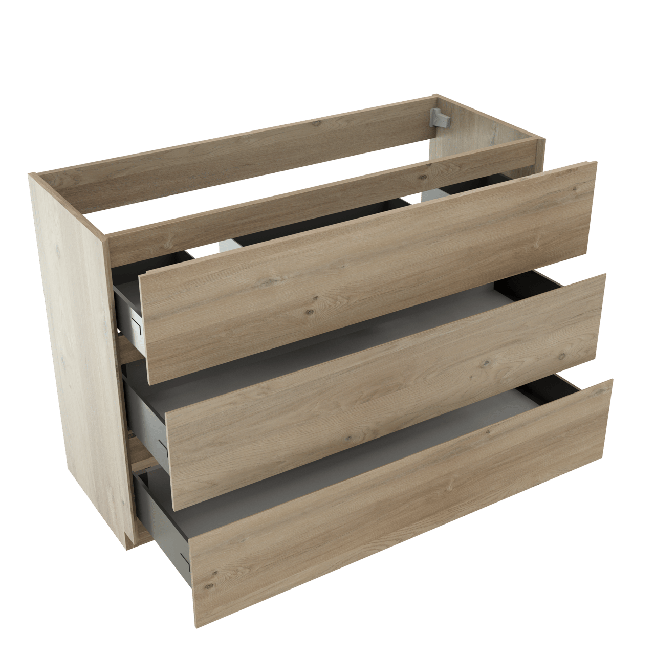 Storke Edge stehender Waschbeckenunterschrank: 120 x 46 cm, Eiche rustikal, 3 Schubladen, 2 Siphonaussparungen