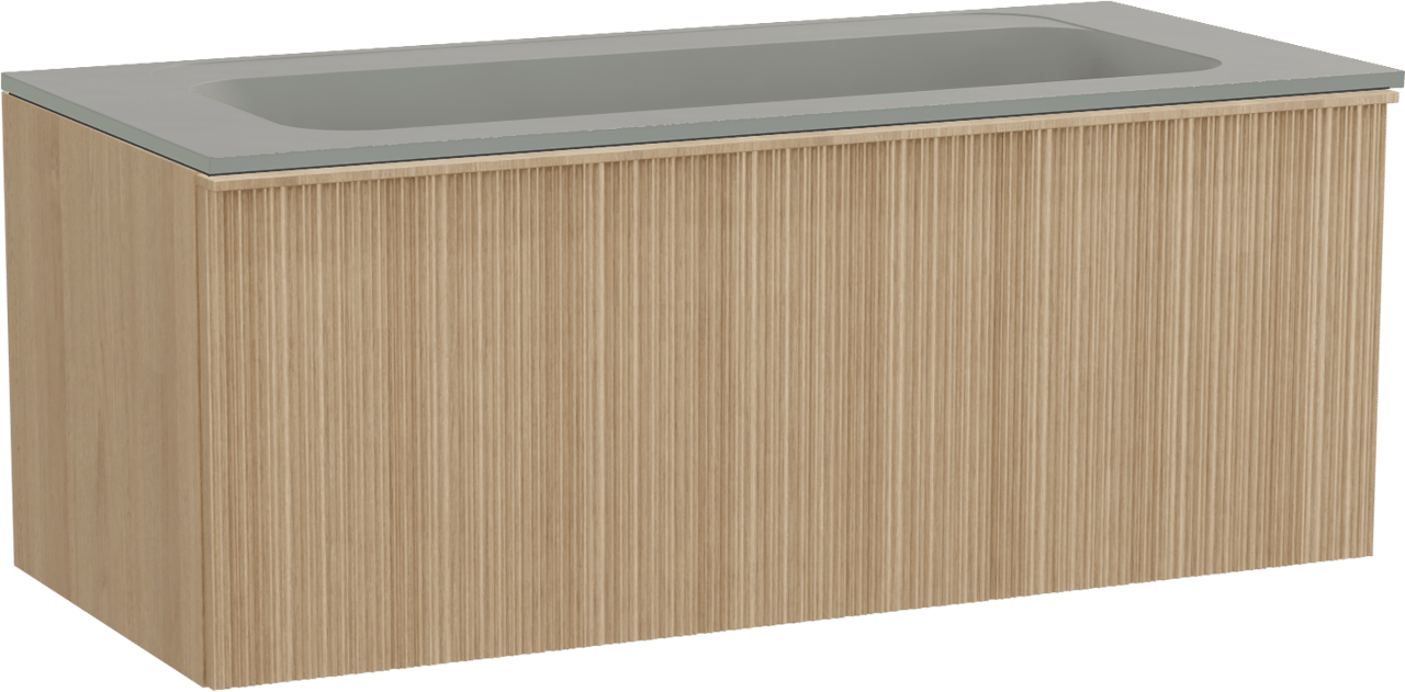 Balmani Forma zwevend badmeubel 120 x 55 cm naturel eiken met Tablo Strada enkele wastafel voor 2 kraangaten in composietmarmer zijdegrijs, Verticale asymmetrische ronde ribbel