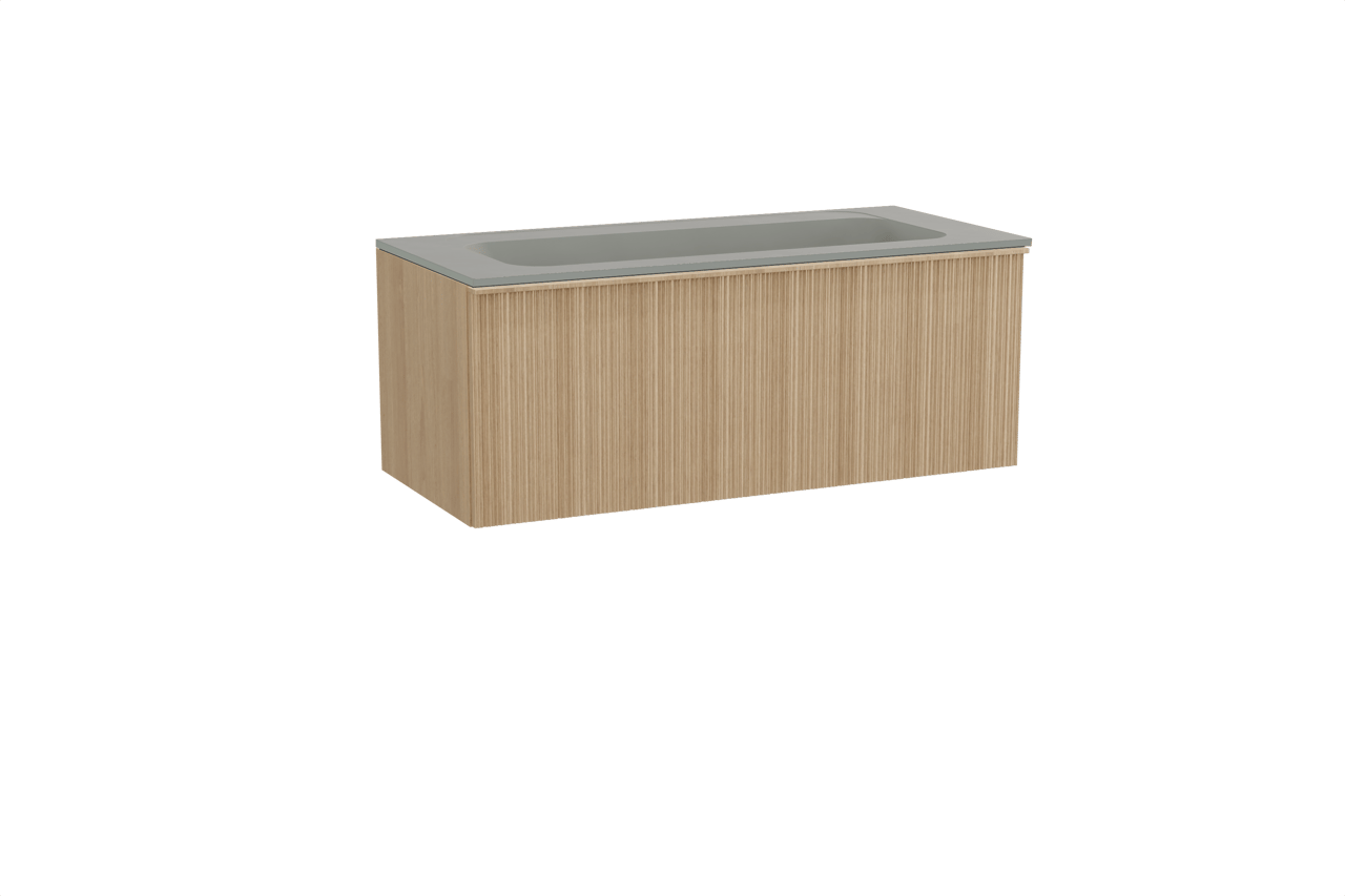 Balmani Forma hängendes Möbelstück Set: 120 x 55 cm, Naturbelassene Eiche, mit Tablo Strada Einzelwaschtisch für 2 Armaturenlöcher, Marmorkomposit, Seidengrau, Vertikale asymmetrische Runde Rippe