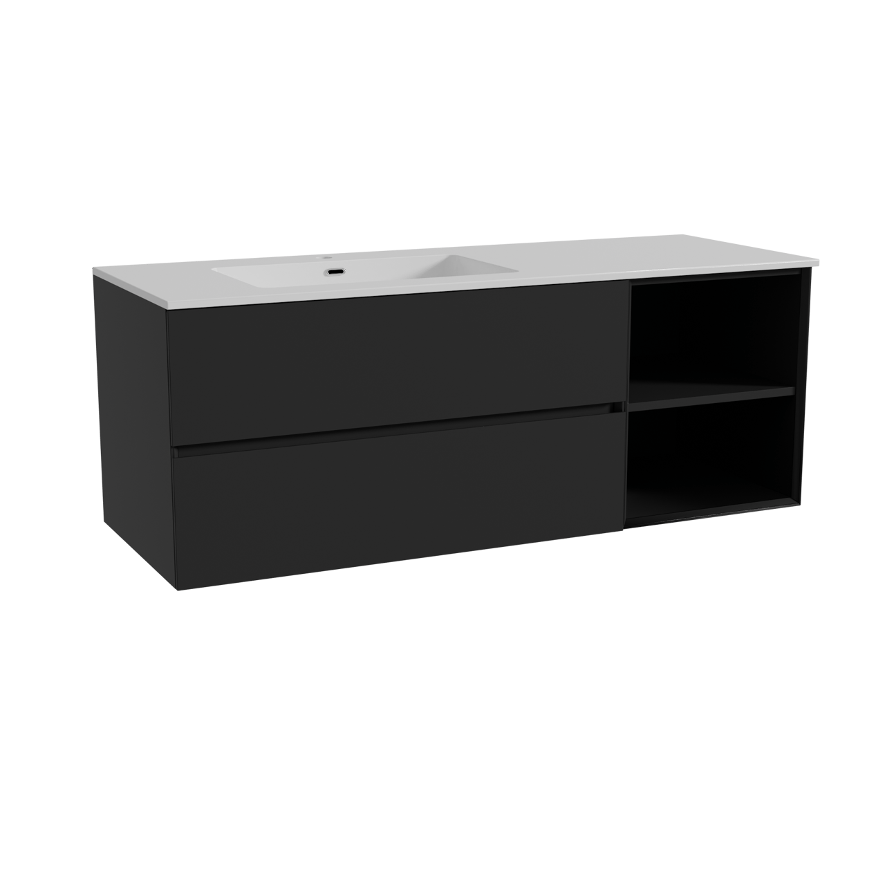 Storke Edge zwevend badmeubel 140 x 52 cm mat zwart met Diva asymmetrisch linkse wastafel in composietmarmer hoogglans wit