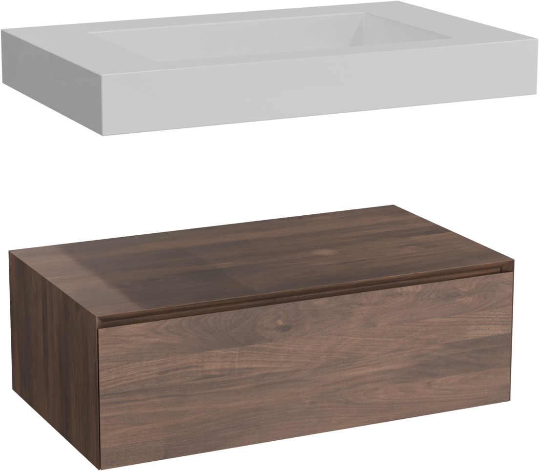 Balmani Mitra Elements zwevend badkamermeubel 90 x 55 cm Amerikaanse notelaar met Modus enkele wastafel in solid surface mat wit