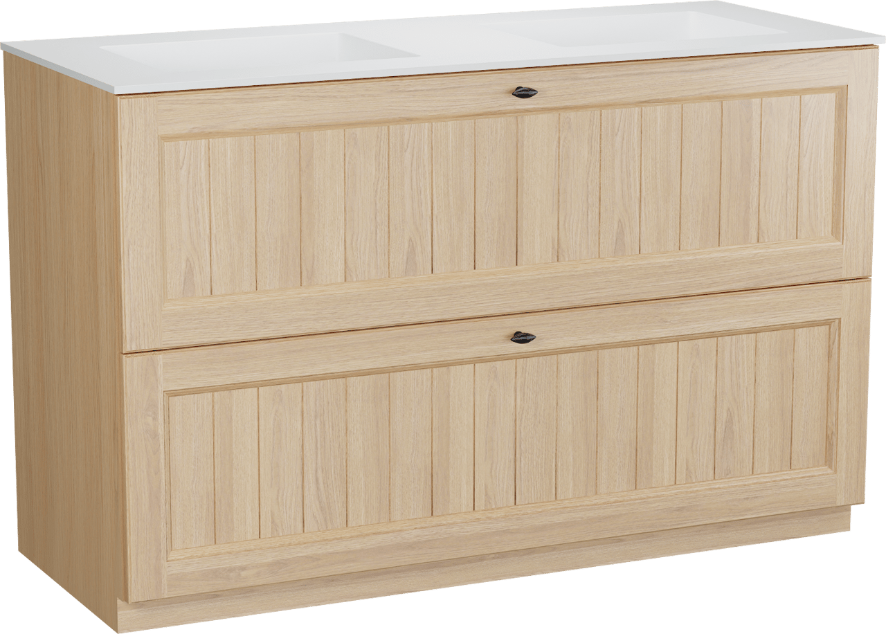 Balmani Lemon staand badkamermeubel 135 x 55 cm, fineer natuur eik met Tablo Stretto dubbele wastafel in mat wit