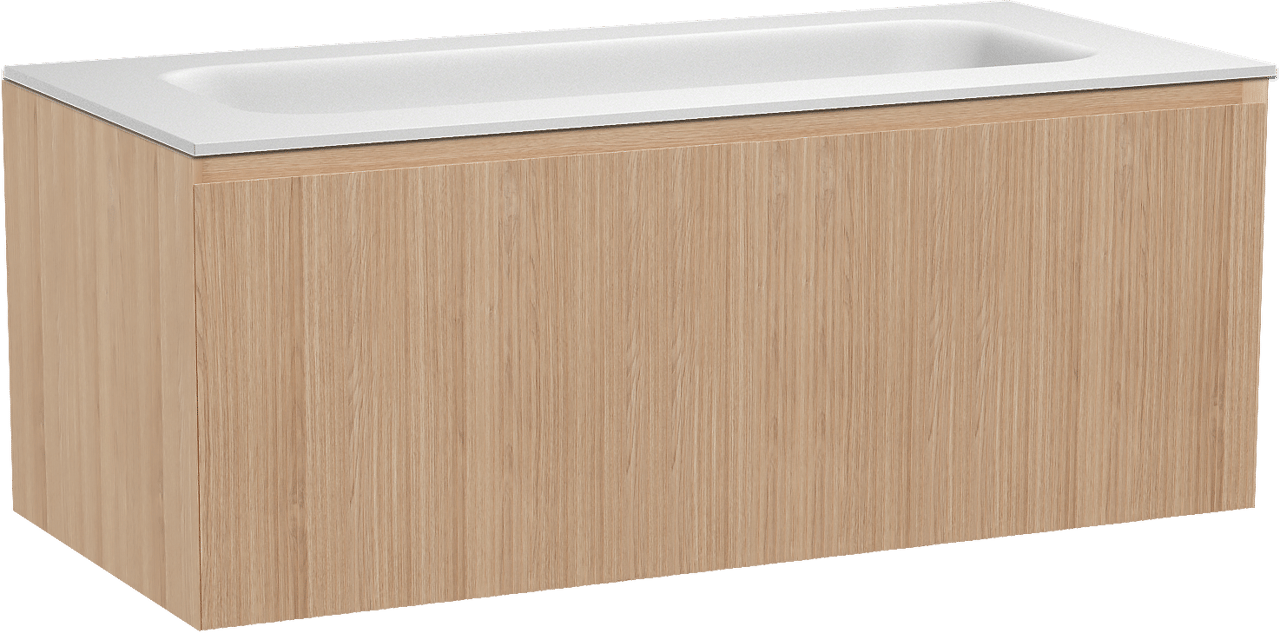 Balmani Fila zwevend badmeubel 120 x 55 cm naturel eiken met Tablo Arcato enkele wastafel voor 2 kraangaten in solid surface mat wit, Verticale symmetrische rechte ribbel