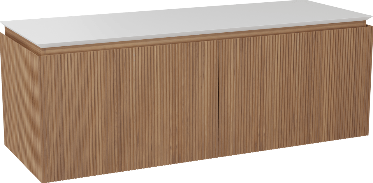 Balmani Eclips hängendes Möbelstück Set: 150 x 55 cm, Teak, mit Eclips Einzel- oder Doppel Waschtischplatte Solid Surface Weiβ matt, Vertikale symmetrische gerade Rippe