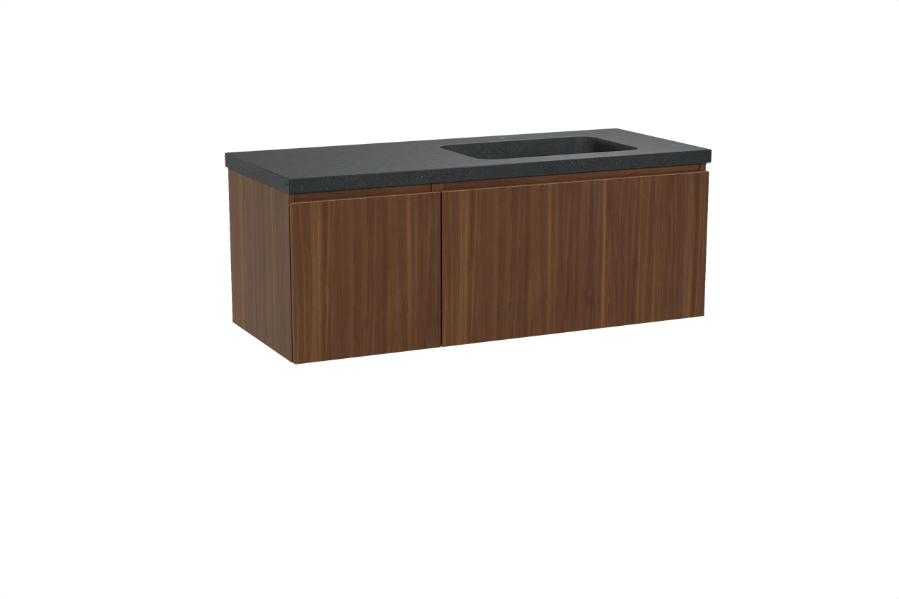 Balmani Sfera hängendes Möbelstück Set: 135 x 55 cm, Amerikanischer Nussbaum, mit Napoli Waschtisch rechts, Schwarzes Granit