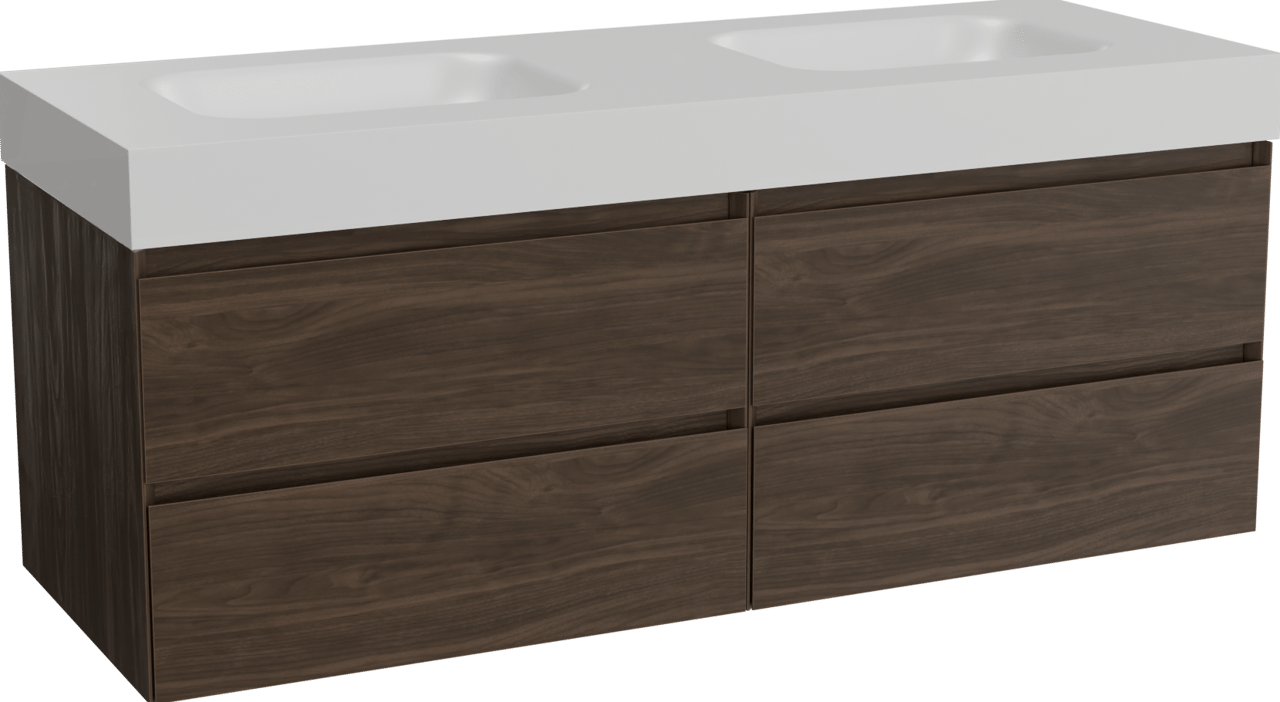 Balmani Mitra meuble salle de bains suspendu 150 x 55 cm noyer américain avec Arcato double vasque en solid surface blanc mat