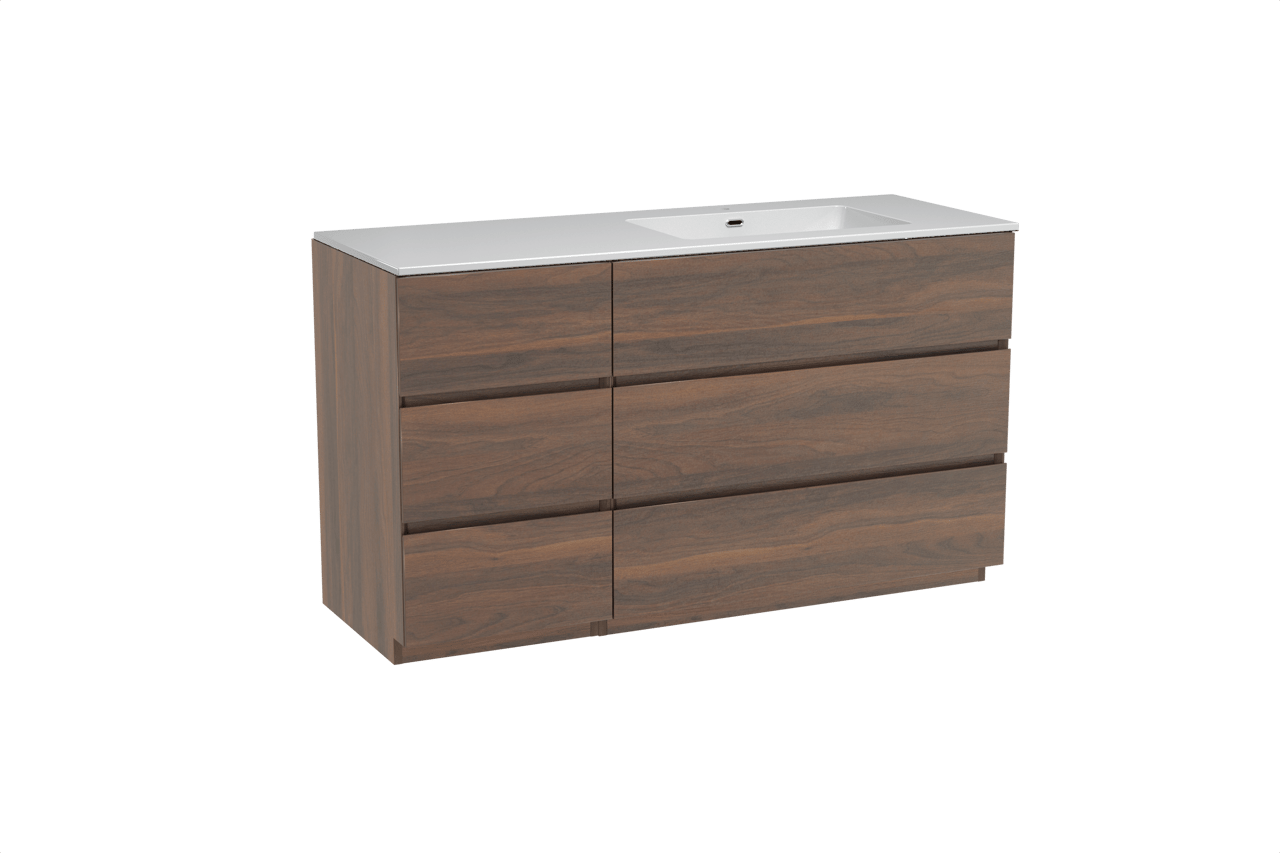 Storke Edge freistehendes Möbelstück Set: 140 x 52 cm, Nussbaum, mit Diva Waschtisch rechts, Marmorkomposit Weiß glänzend