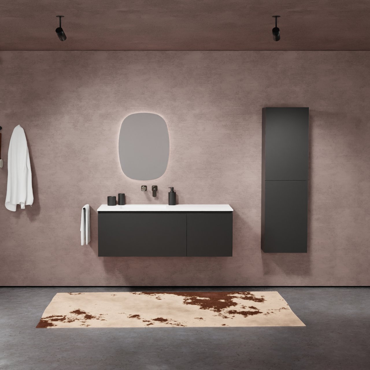 Balmani Idra zwevend badkamermeubel 135 x 55 cm mat zwart met Tablo Arcato asymmetrisch linkse wastafel in solid surface mat wit