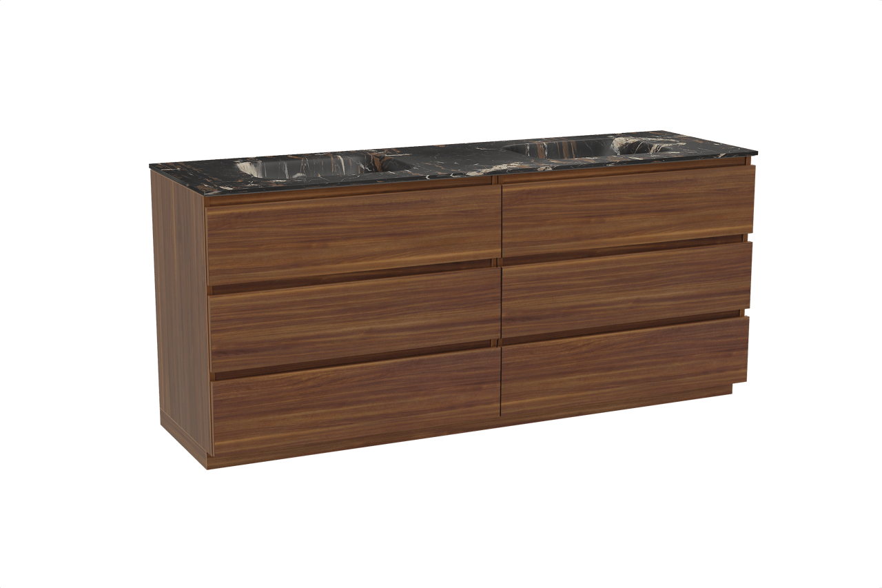 Balmani Lucida meuble salle de bains à poser 180 x 55 cm noyer américain avec Tablo Arcato double vasque en marbre portoro gold