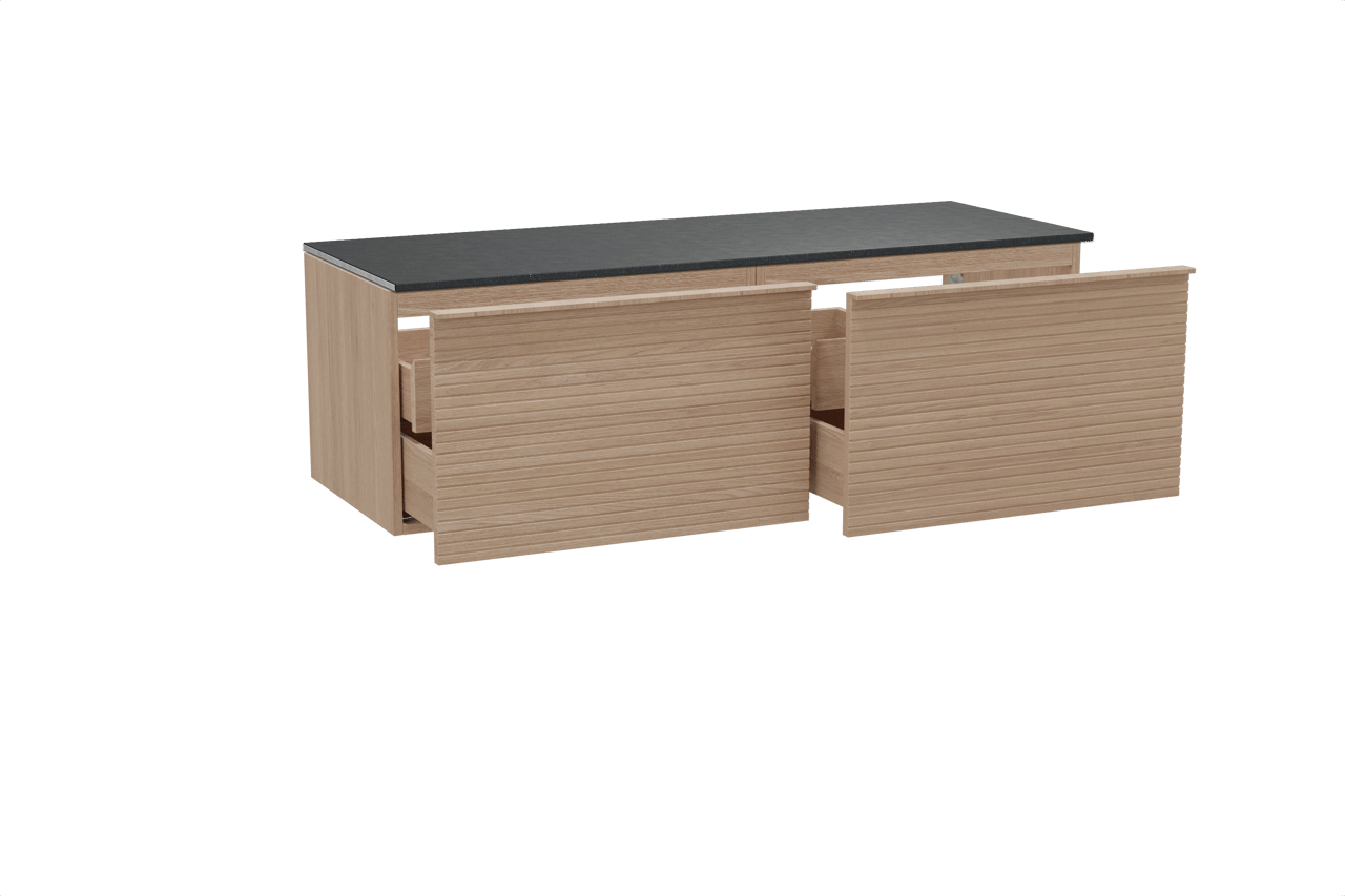 Balmani Forma zwevend badkamermeubel 150 x 55 cm natuur eik met Stretto enkel of dubbel tablet in graniet zwart, Horizontale symmetrische rechte ribbel