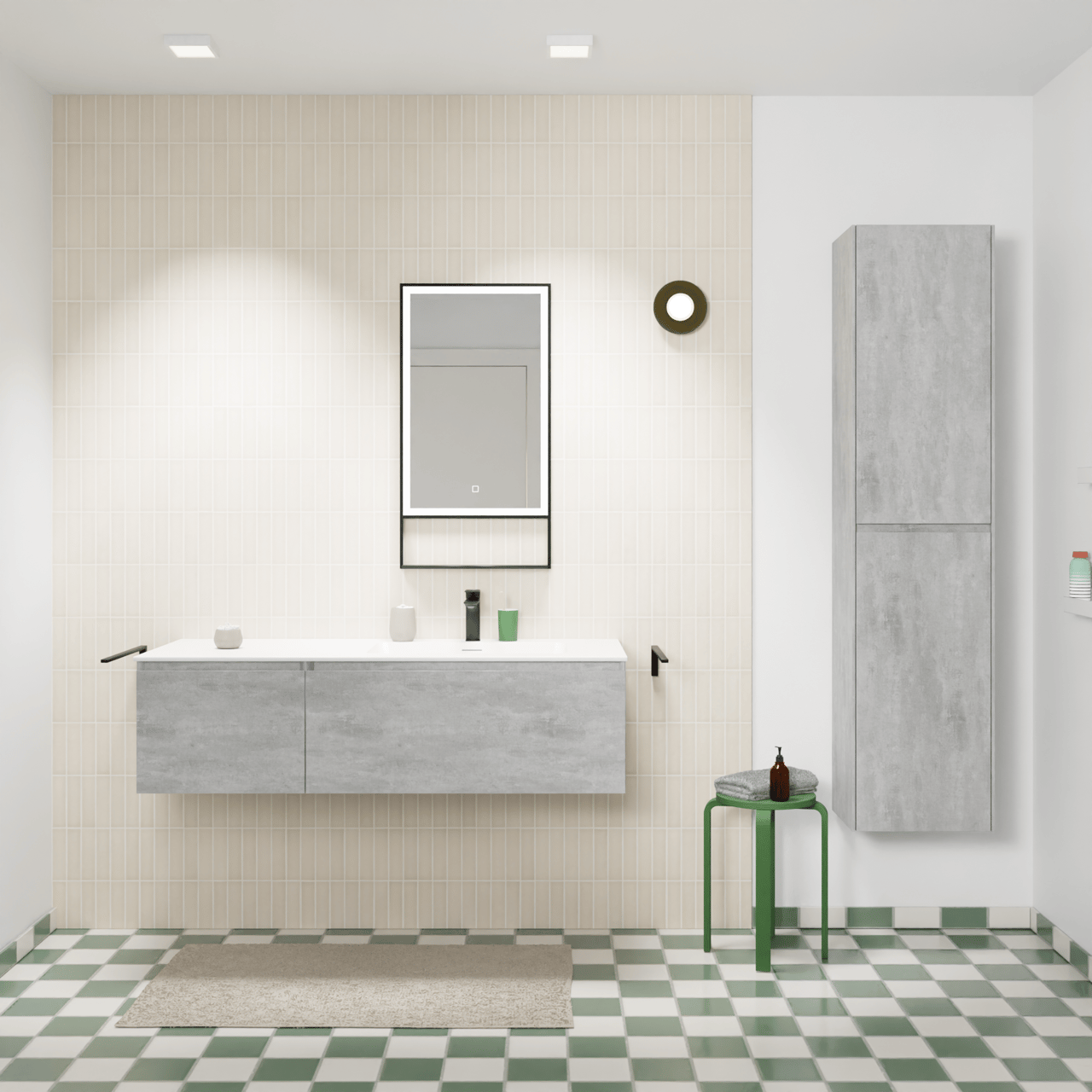 Storke Edge zwevend badkamermeubel 130 x 52 cm beton donkergrijs met Mata asymmetrisch rechtse wastafel in solid surface mat wit