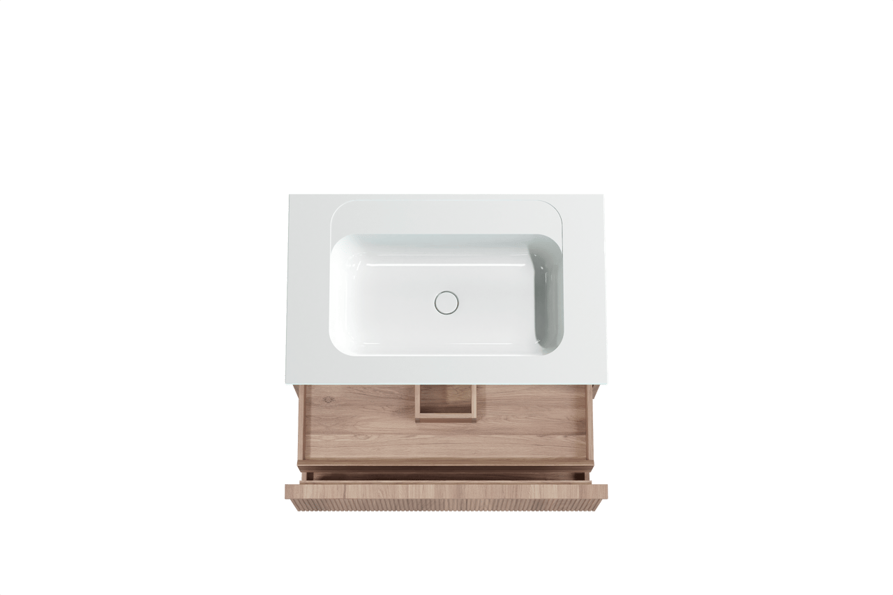 Balmani Forma hängendes Möbelstück Set: 90 x 55 cm, Teak, mit Tablo Strada Einzelwaschtisch, Marmorkomposit, Weiß glänzend, Vertikale symmetrische gerade Rippe