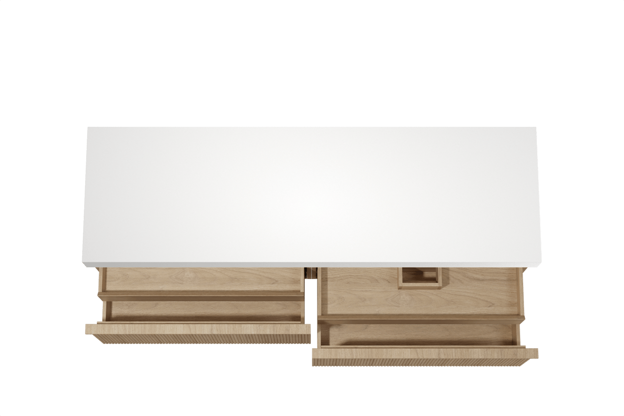 Balmani Forma meuble salle de bains suspendu 180 x 55 cm chêne naturel avec Dominus tablette simple ou double en solid surface blanc mat, Nervure droite symétrique verticale