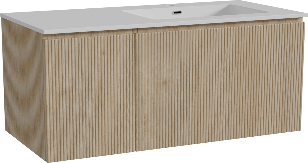 Storke Ribs meuble salle de bains suspendu 110 x 52 cm chêne brut avec Diva plan vasque asymétrique à droite en marbre composite blanc brillant, Nervure droite symétrique verticale