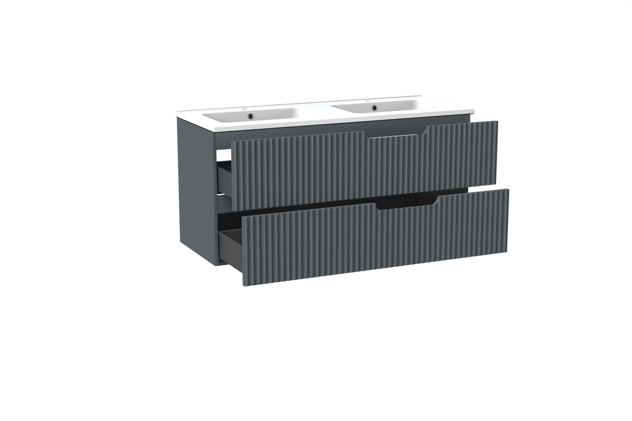 Linie Ribbo zwevend badkamermeubel 120 x 46 cm blauw antraciet met Vano dubbele wastafel in composietmarmer mat wit, Verticale symmetrische ronde ribbel