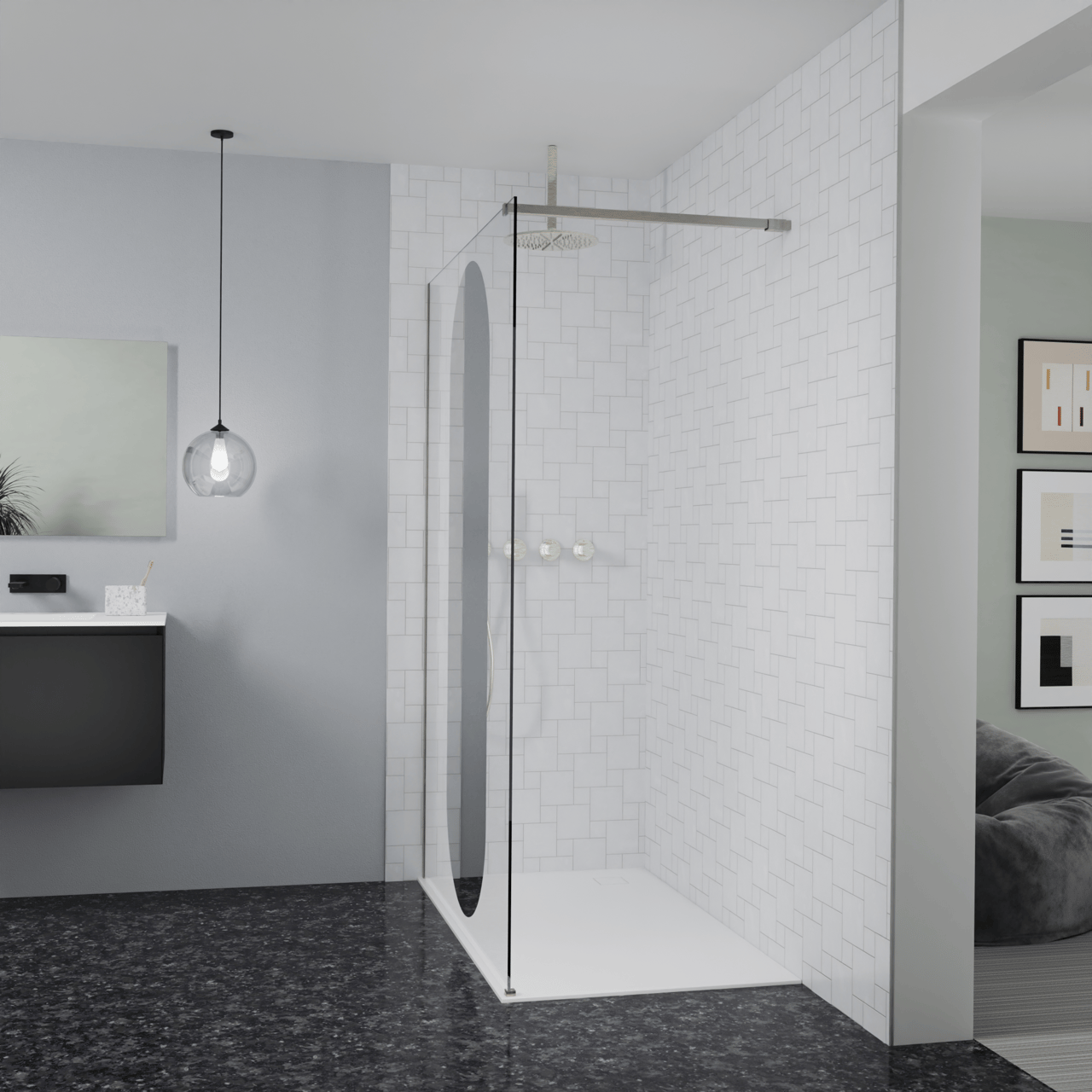 Balmani Modular Walk-In Dusche: 140 x 200 cm, Reflex-Spiegelglas Oval, Profil Brushed CoolMetal