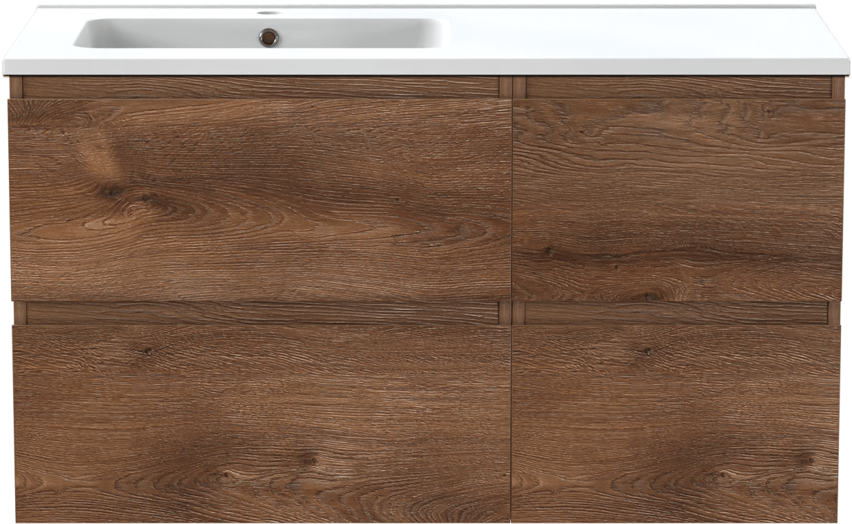 Linie Lado zwevend badkamermeubel 100 x 46 cm bruine eik met Vano asymmetrisch linkse wastafel in composietmarmer mat wit