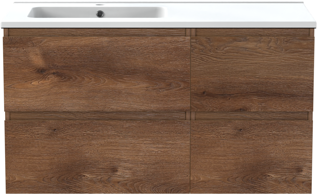 Linie Lado hängendes Möbelstück Set: 100 x 46 cm, Braune Eiche, mit Vano Waschtisch links, Marmorkomposit Weiß matt