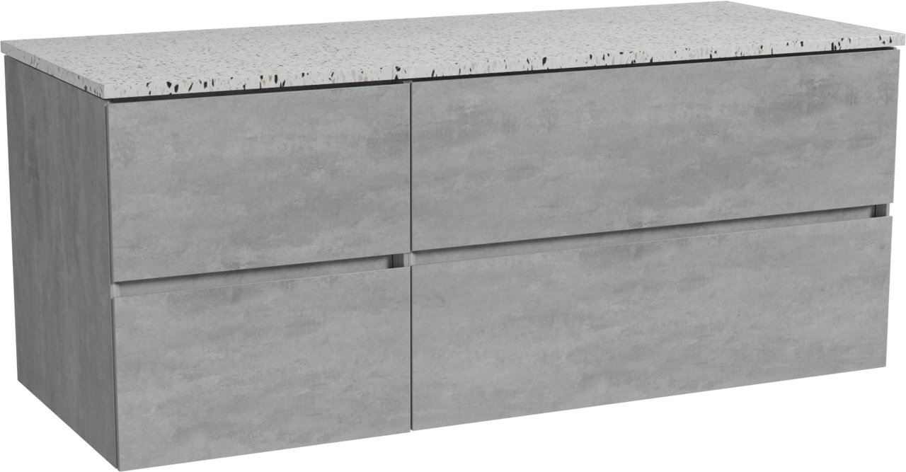 Storke Edge hängendes Möbelstück Set: 130 x 52 cm, Beton dunkelgrau, mit Tavola Einzel- oder Doppel Waschtischplatte, Terrazzo in Weiß/Schwarz matt