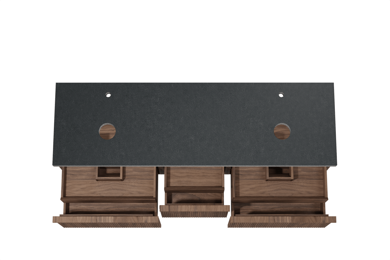 Balmani Forma hängendes Möbelstück Set: 180 x 55 cm, Amerikanischer Nussbaum, mit Rock Doppel Waschtischplatte, Granit, Schwarzes Granit, Vertikale symmetrische gerade Rippe