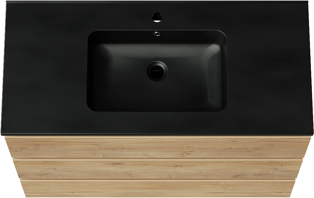 Linie Lado freistehendes Möbelstück Set: 100 x 46 cm, Naturbelassene Eiche, mit Vano Einzelwaschtisch, Marmorkomposit Schwarz matt
