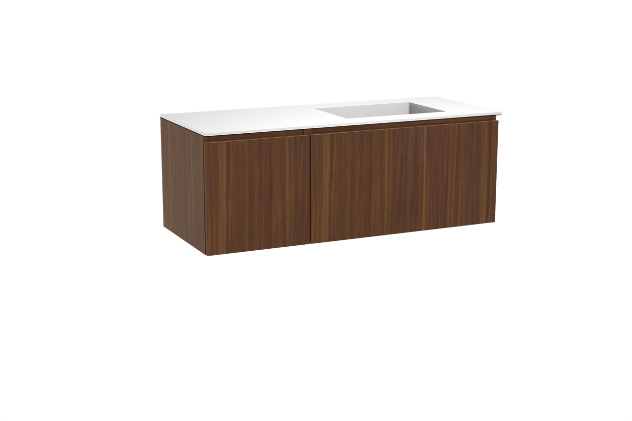 Balmani Sfera meuble salle de bains suspendu 135 x 55 cm noyer américain avec Tablo Stretto plan vasque asymétrique à droite en solid surface blanc mat