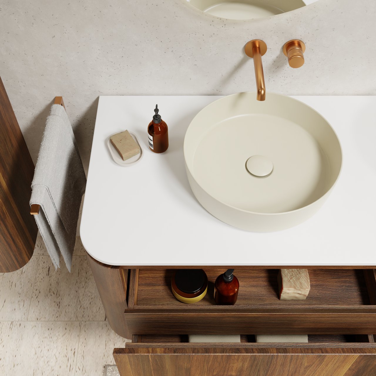 Balmani Moon zwevend badkamermeubel 160 x 55 cm amerikaanse notelaar met Moon enkel of dubbel tablet in solid surface mat wit