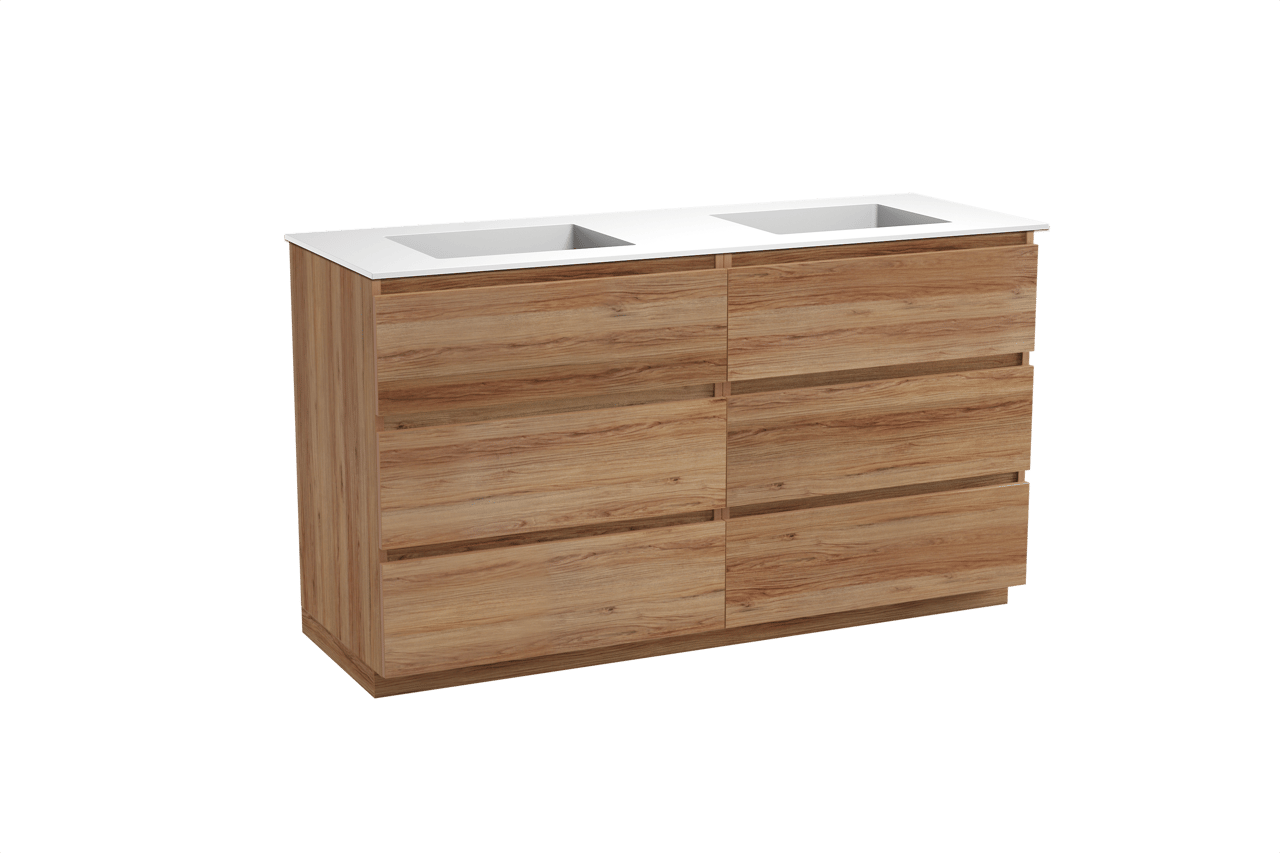 Balmani Lucida staand badmeubel 150 x 55 cm teakhout met Tablo Stretto dubbele wastafel in solid surface mat wit