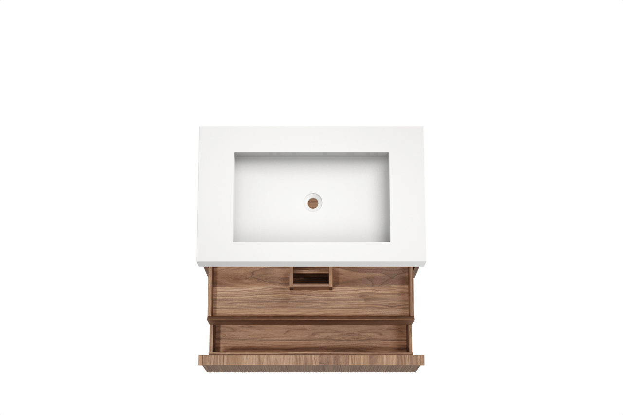 Balmani Forma zwevend badkamermeubel 90 x 55 cm amerikaanse notelaar met Modus enkele wastafel in solid surface mat wit, Verticale asymmetrische ronde ribbel