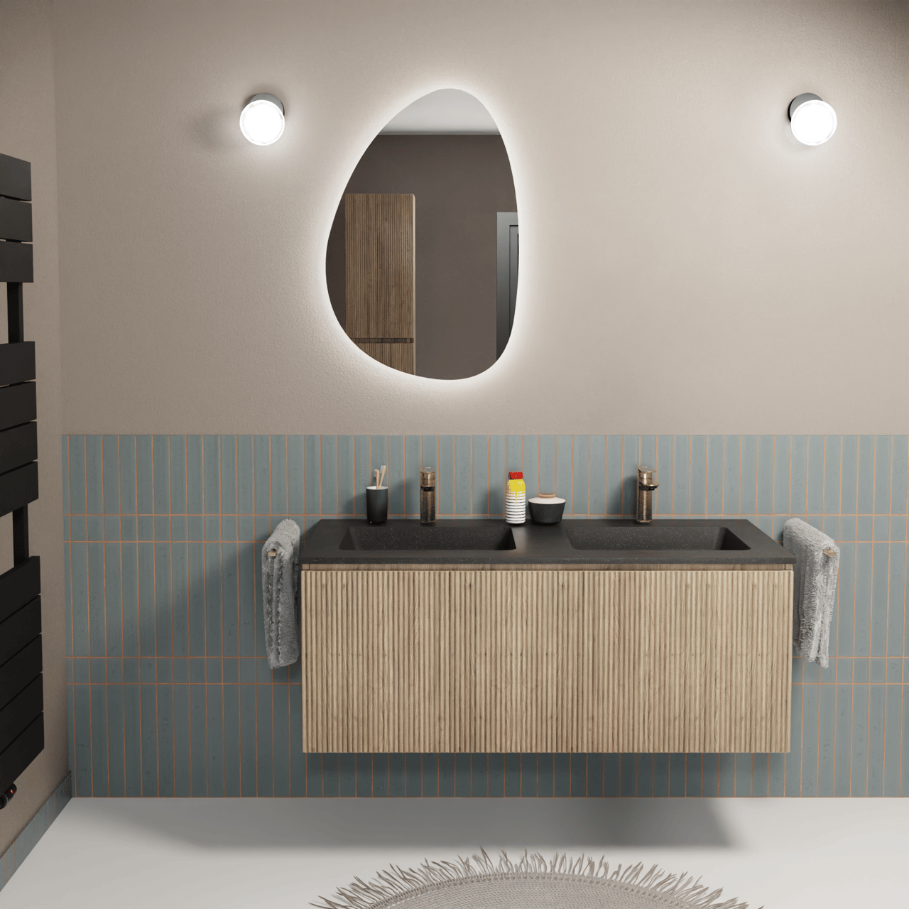 Storke Ribs meuble salle de bains suspendu 120 x 52 cm chêne brut avec Scuro double vasque en quartz noir mat, Nervure droite symétrique verticale