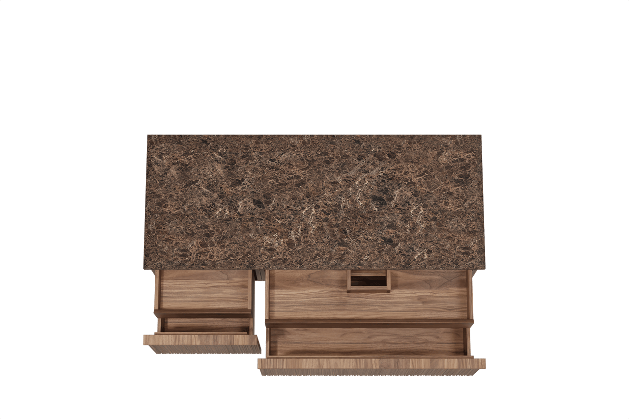 Balmani Forma zwevend badmeubel 135 x 55 cm amerikaans notenhout met Stretto enkel of dubbel wastafelblad in marmer dark emperador, Verticale asymmetrische ronde ribbel