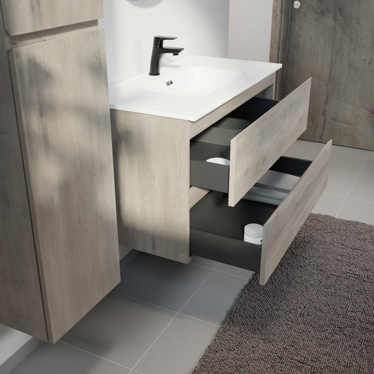 Linie Lado meuble salle de bains suspendu 90 x 46 cm chêne gris avec Baro plan simple en porcelaine blanc mat