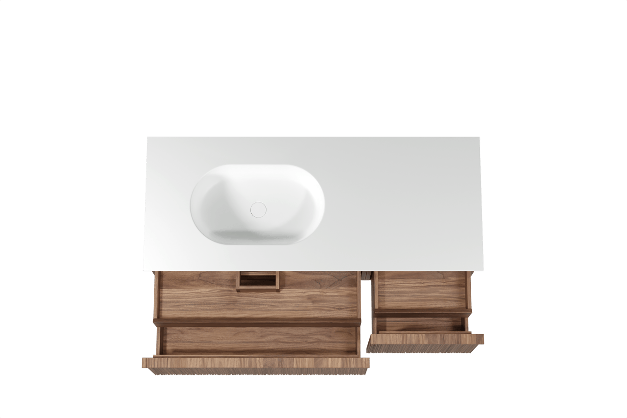 Balmani Forma zwevend badmeubel 135 x 55 cm amerikaans notenhout met Tablo Oval asymmetrisch linkse wastafel in solid surface mat wit, Verticale asymmetrische ronde ribbel