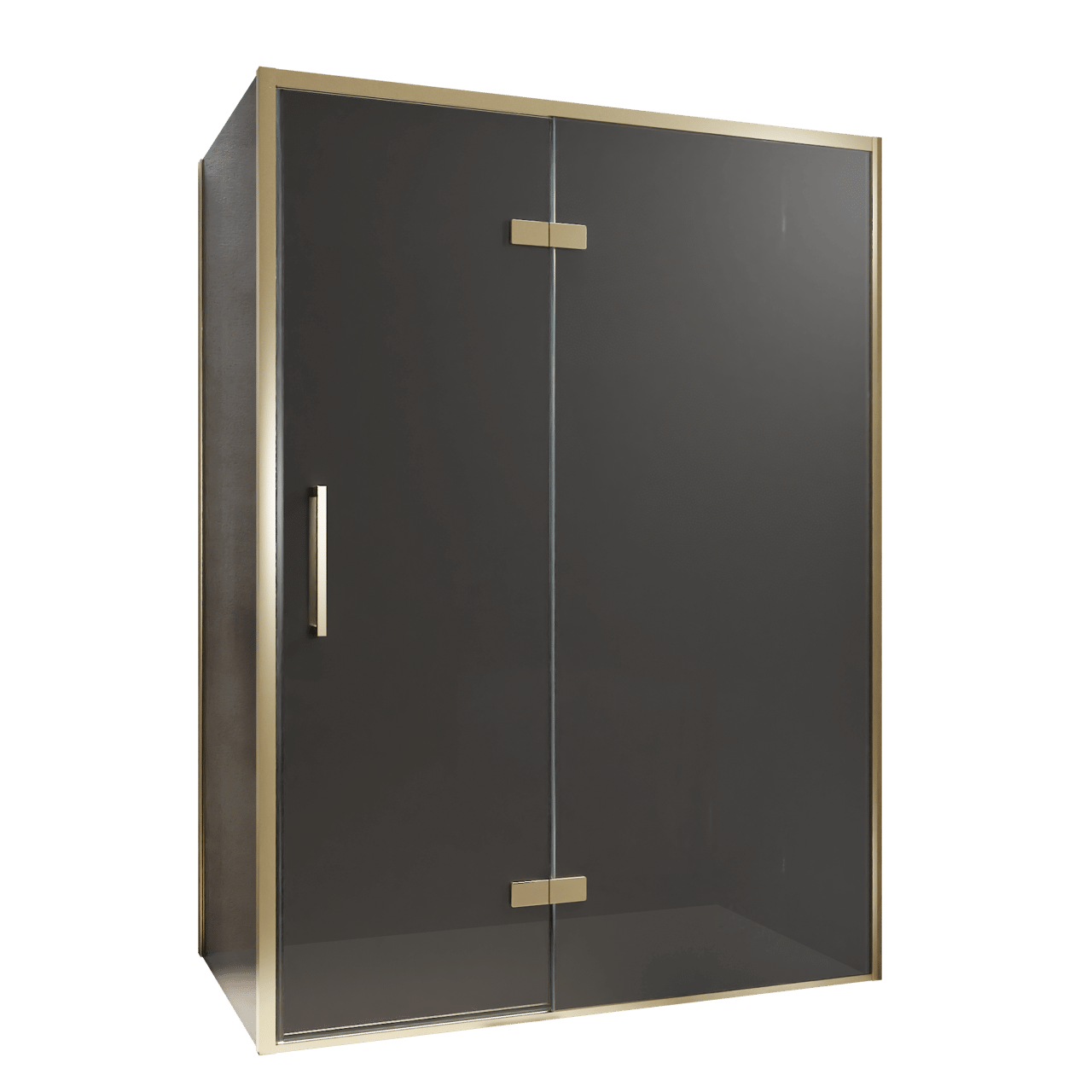 Balmani Senses Design Eckdusche: Drehtür (Rechts) mit fixierte Seitenwand, 140 x 100 cm, Rauchglas, Profil Brushed Champagner Gold, inklusive Coating