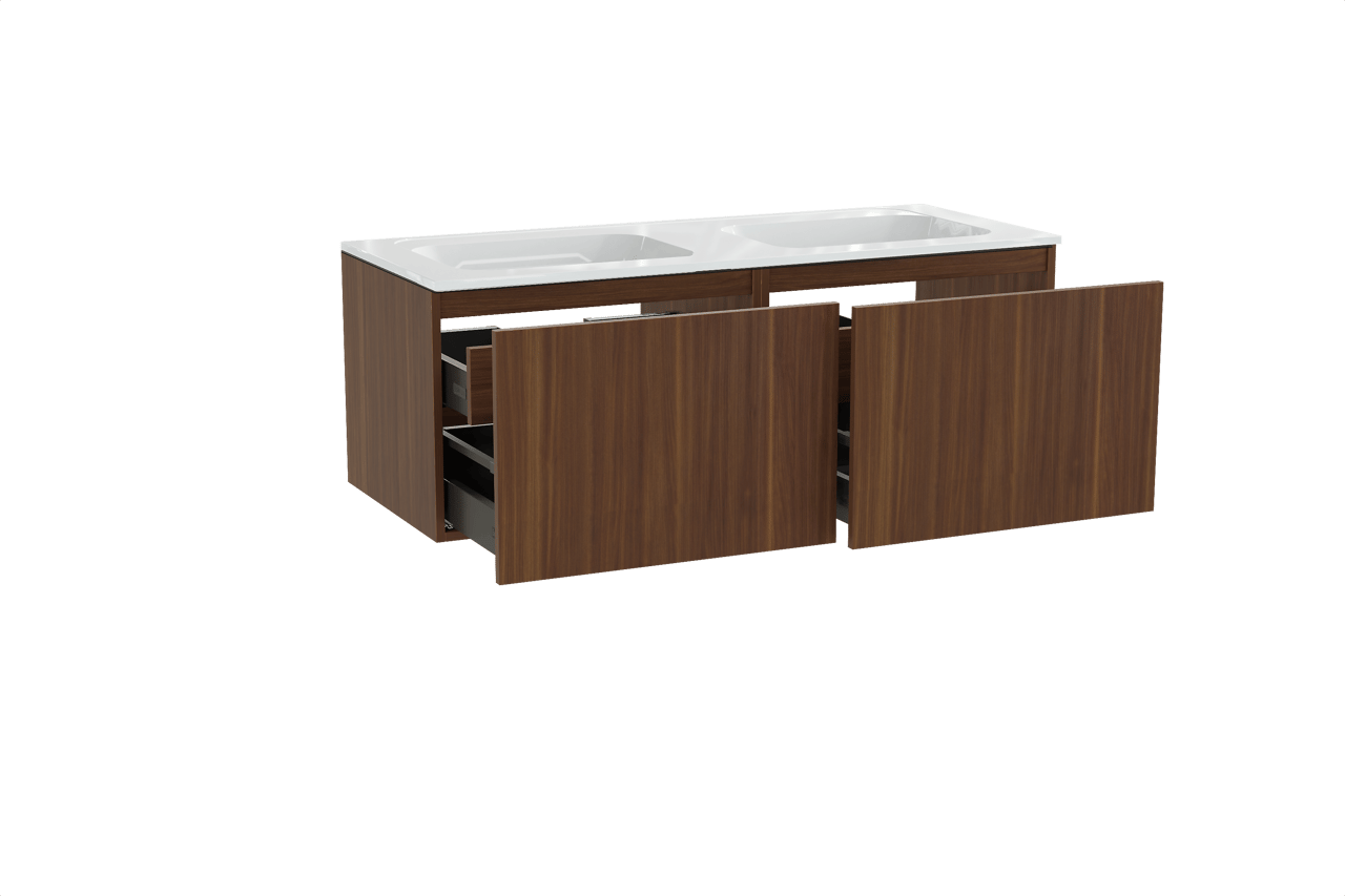 Balmani Sfera meuble salle de bains suspendu 135 x 55 cm noyer américain avec Tablo Strada double vasque en marbre composite blanc brillant