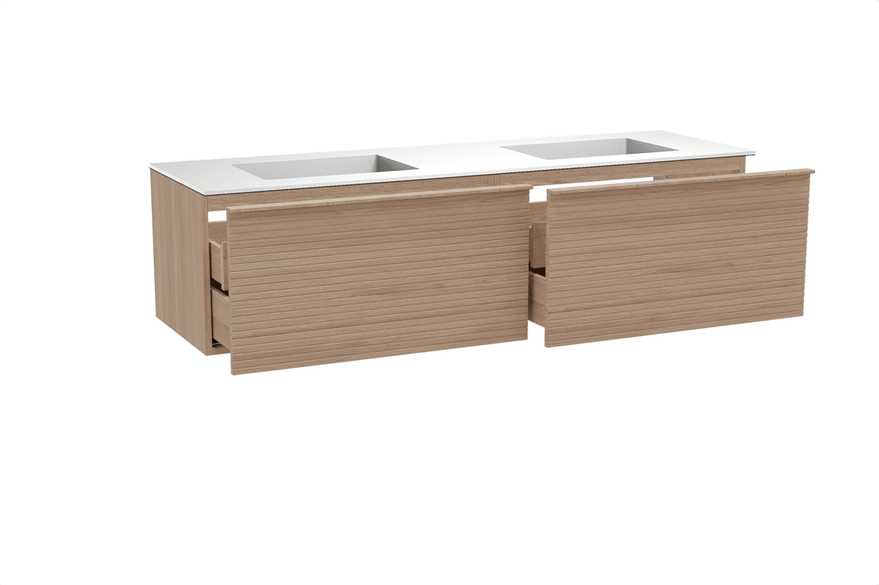 Balmani Forma zwevend badkamermeubel 180 x 55 cm natuur eik met Tablo Stretto dubbele wastafel in solid surface mat wit, Horizontale symmetrische rechte ribbel