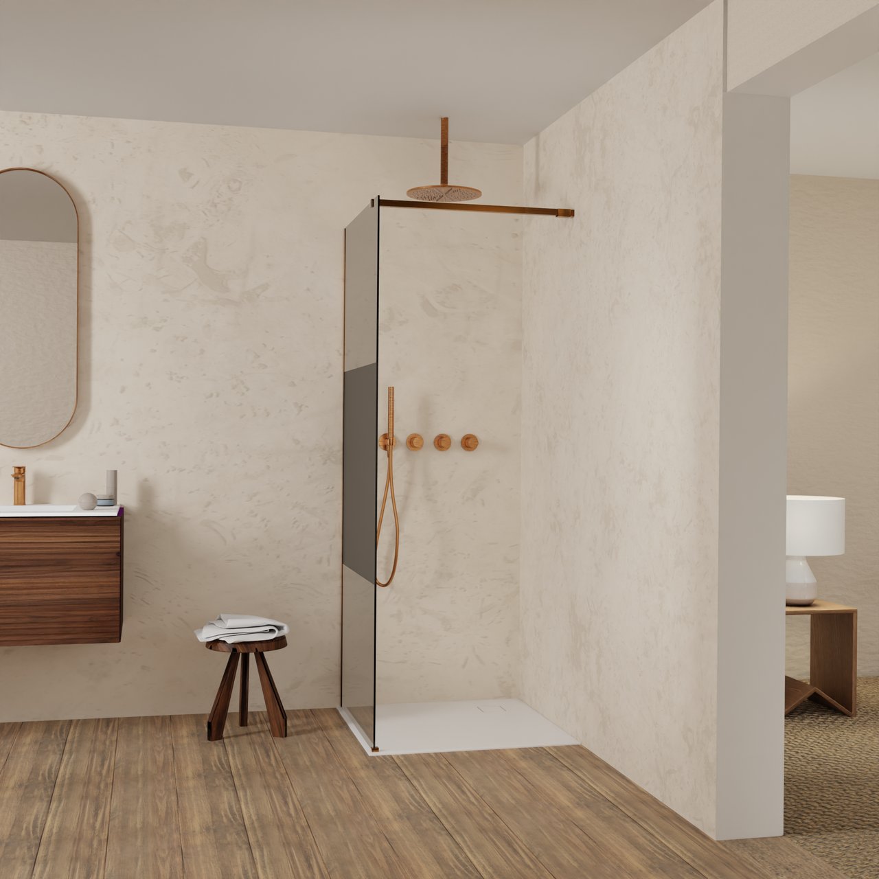 Balmani Modular douche à l'italienne: 80 x 200 cm, Verre fumé avec bande matte, avec coating, Profil Brushed Rosegold