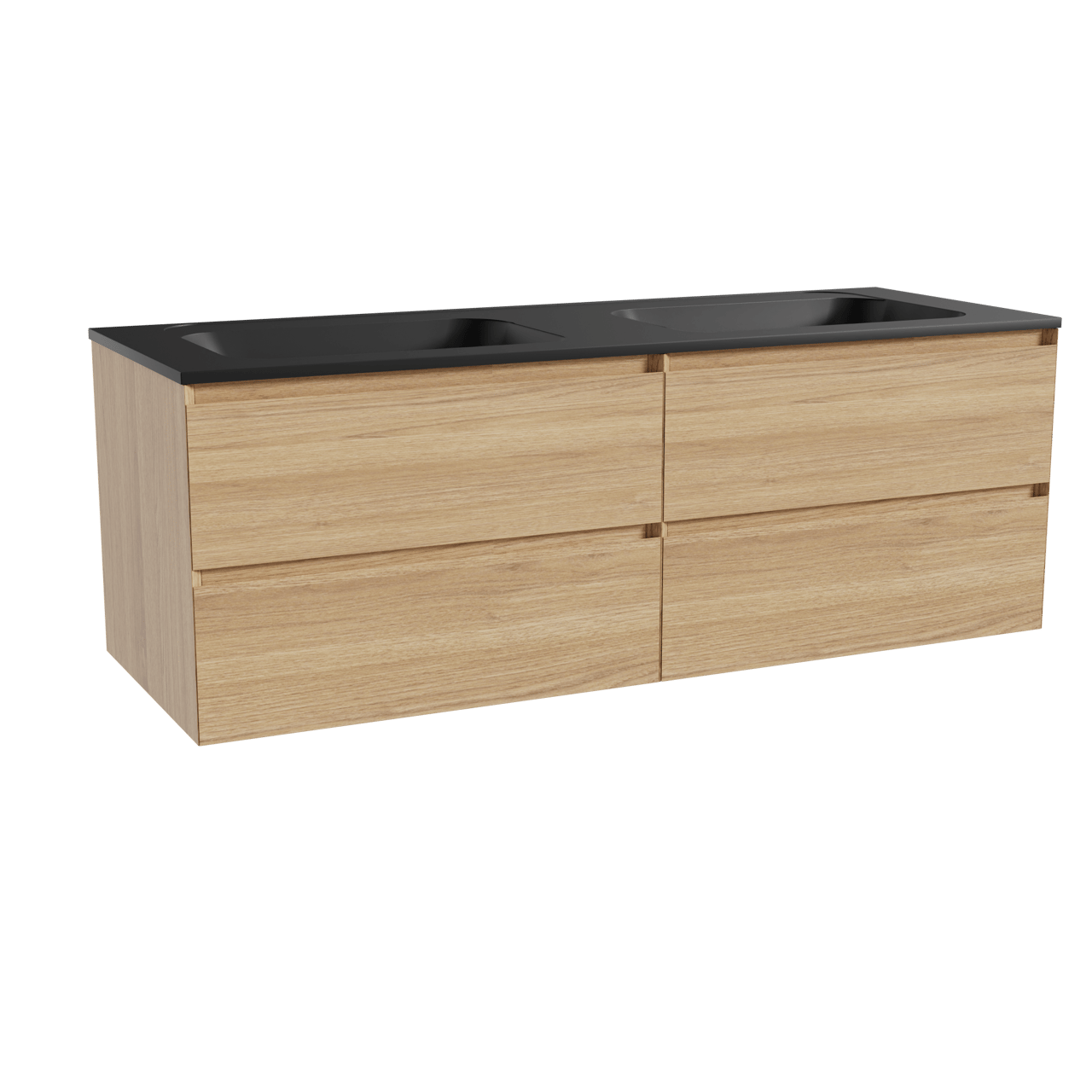 Balmani Mitra hängendes Möbelstück Set: 150 x 55 cm, Naturbelassene Eiche, mit Tablo Strada Doppelwaschtisch, Marmorkomposit Schwarz matt