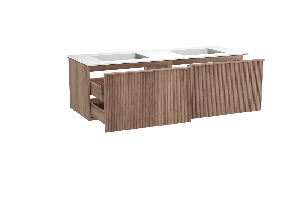 Balmani Forma zwevend badmeubel 150 x 55 cm teakhout met Tablo Stretto dubbele wastafel in solid surface mat wit, Verticale symmetrische rechte ribbel