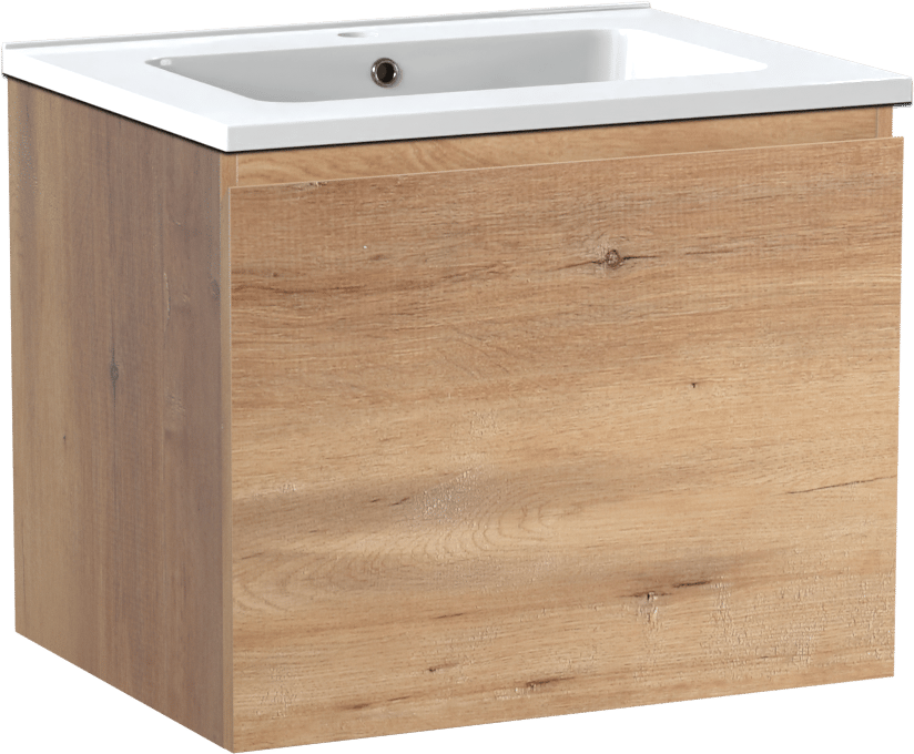 Linie Lado zwevend badmeubel 60 x 46 cm naturel eiken met Vano enkele wastafel in composietmarmer hoogglans wit