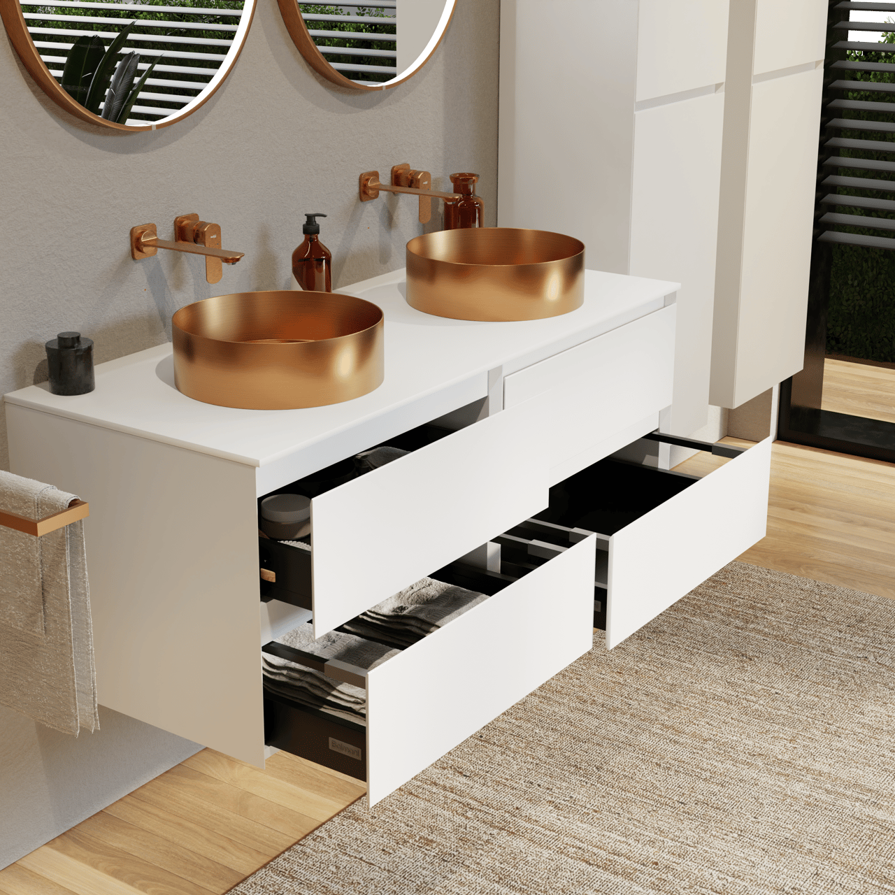 Balmani Mitra hängendes Möbelstück Set: 135 x 55 cm, Weiß matt, mit Stretto Einzel- oder Doppel Waschtischplatte, Solid Surface Weiß matt